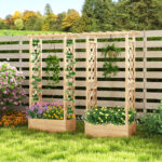 Costway Letto da giardino in legno con traliccio e tetto pendente, Scatola fioriera con fori di drenaggio per interni ed esterni Naturale - immagine 3