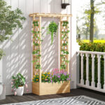 Costway Letto da giardino in legno con traliccio e tetto pendente, Scatola fioriera con fori di drenaggio per interni ed esterni Naturale - immagine 2