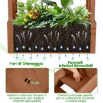 Costway Letto da giardino in legno con traliccio e tetto pendente, Scatola fioriera con fori di drenaggio per interni ed esterni Marrone scuro - immagine 7