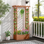Costway Letto da giardino in legno con traliccio e tetto pendente, Scatola fioriera con fori di drenaggio per interni ed esterni Marrone scuro - immagine 2