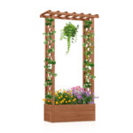 Costway Letto da giardino in legno con traliccio e tetto pendente, Scatola fioriera con fori di drenaggio per interni ed esterni Marrone scuro
