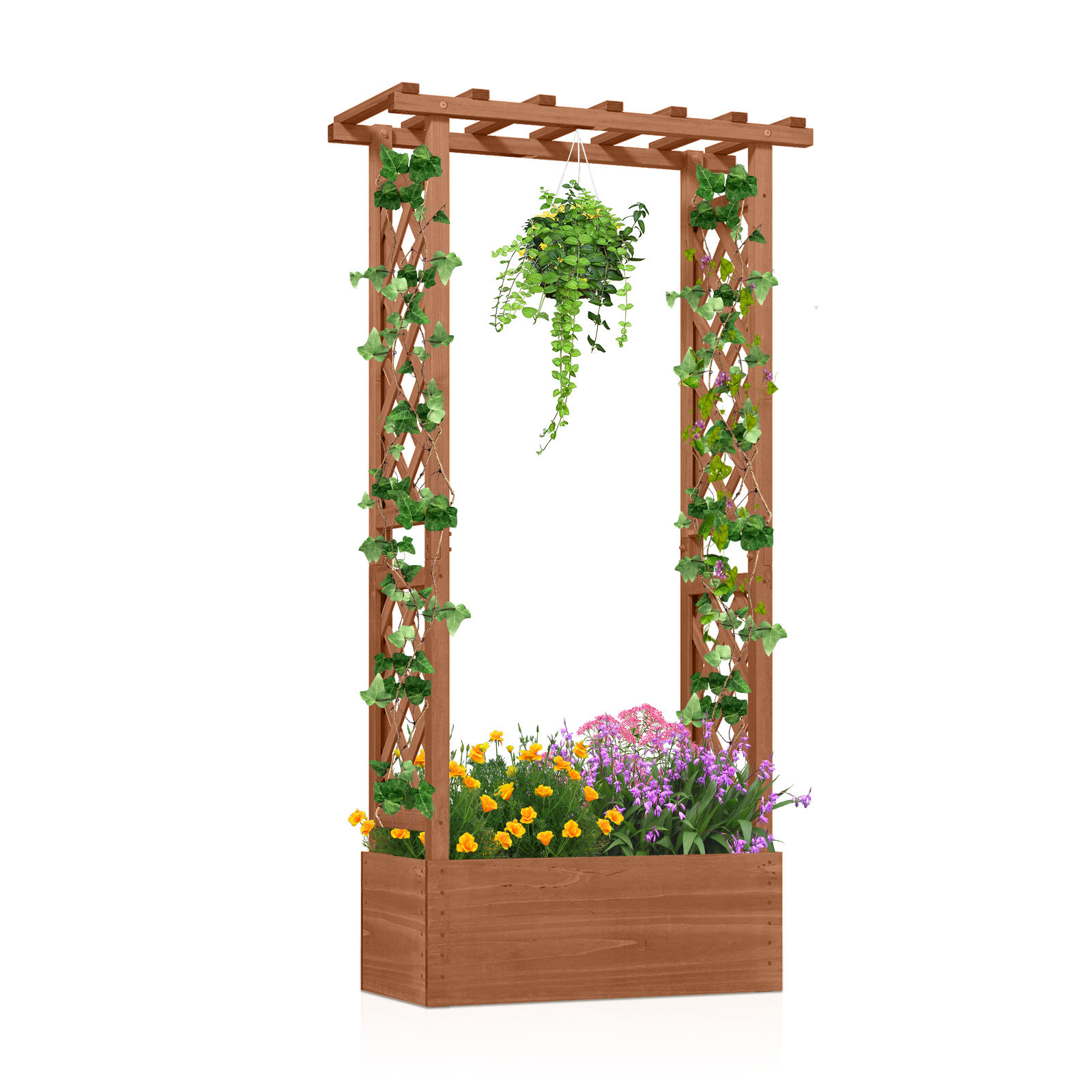 Letto-da-giardino-in-legno-con-traliccio-e-tetto-pendente-mediaId103572240-1772241295.jpg Costway Letto da giardino in legno con traliccio e tetto pendente, Scatola fioriera con fori di drenaggio per interni ed esterni Marrone scuro - immagine 1