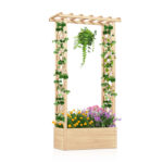 Costway Letto da giardino in legno con traliccio e tetto pendente, Scatola fioriera con fori di drenaggio per interni ed esterni Naturale