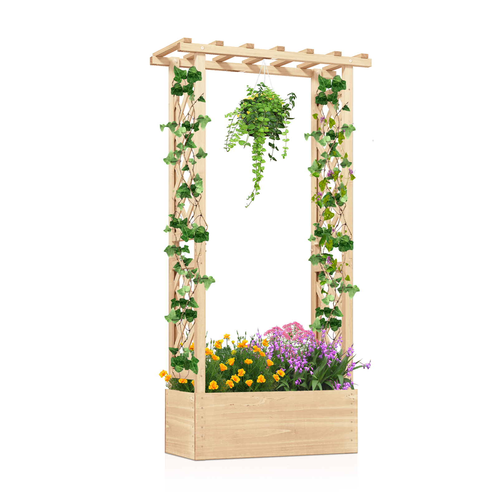 Letto-da-giardino-in-legno-con-traliccio-e-tetto-pendente-mediaId103572241-1772241288.jpg Costway Letto da giardino in legno con traliccio e tetto pendente, Scatola fioriera con fori di drenaggio per interni ed esterni Naturale - immagine 1