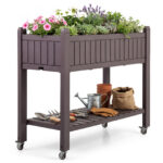 Costway Letto da giardino rialzato con ruote e monitor d'acqua foro di drenaggio e ripiano, Fioriera elevata per piante verdure erbe cortile e patio
