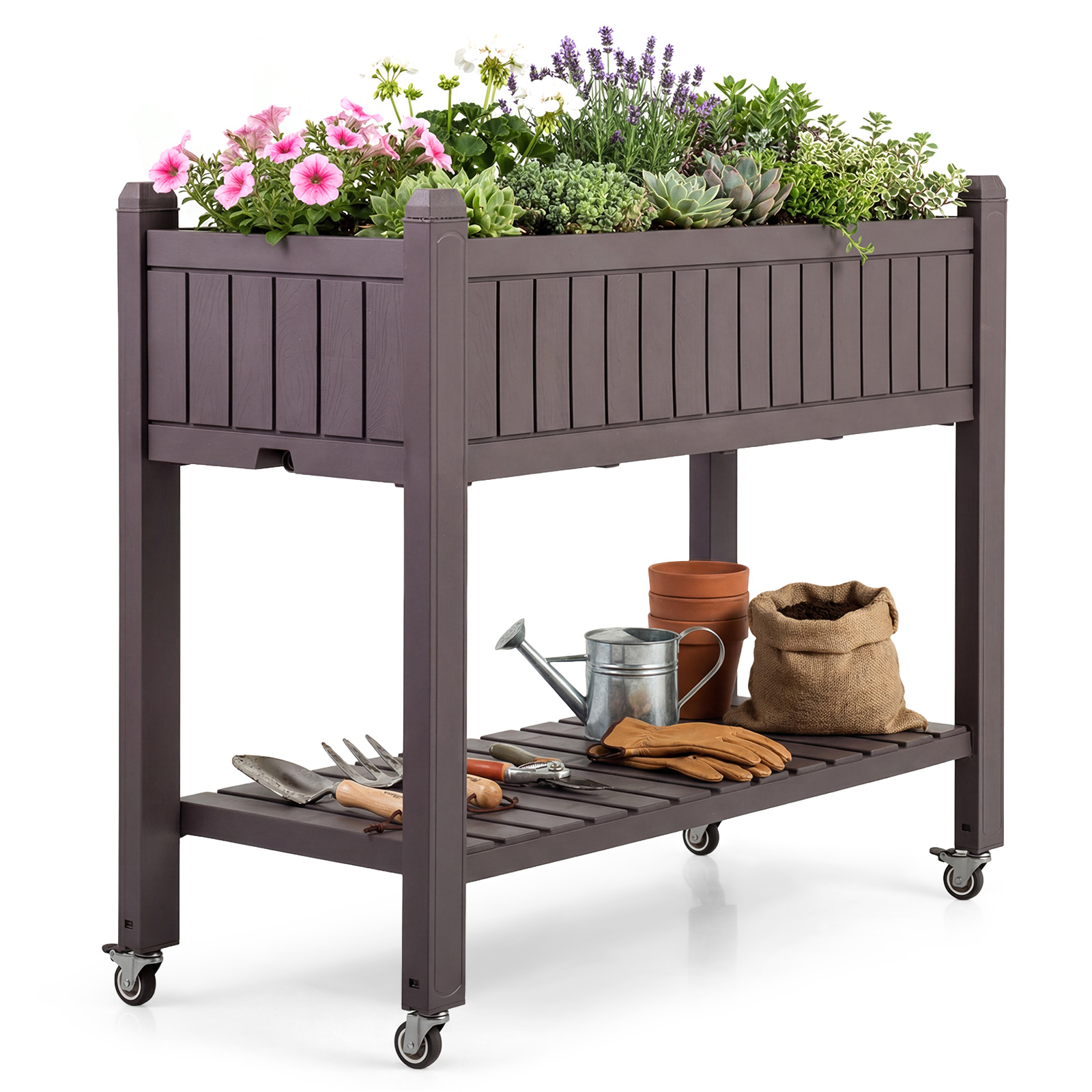 Letto-da-giardino-rialzato-con-ruote-e-monitor-d-acqua-foro-di-drenaggio-e-ripiano-mediaId103585066-1772589275.jpg Costway Letto da giardino rialzato con ruote e monitor d'acqua foro di drenaggio e ripiano, Fioriera elevata per piante verdure erbe cortile e patio - immagine 1