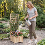Costway Letto da giardino rialzato in legno con traliccio e fori di drenaggio, Fioriera elevata per piante rampicanti viti fiori verdure interni ed esterni Naturale - immagine 2