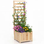 Costway Letto da giardino rialzato in legno con traliccio e fori di drenaggio, Fioriera elevata per piante rampicanti viti fiori verdure interni ed esterni Naturale