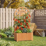 Costway Letto da giardino rialzato in legno con traliccio per piante rampicanti, Vaso da esterno per fiori verdure ed erbe aromatiche Marrone - immagine 2