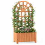Costway Letto da giardino rialzato in legno con traliccio per piante rampicanti, Vaso da esterno per fiori verdure ed erbe aromatiche Marrone