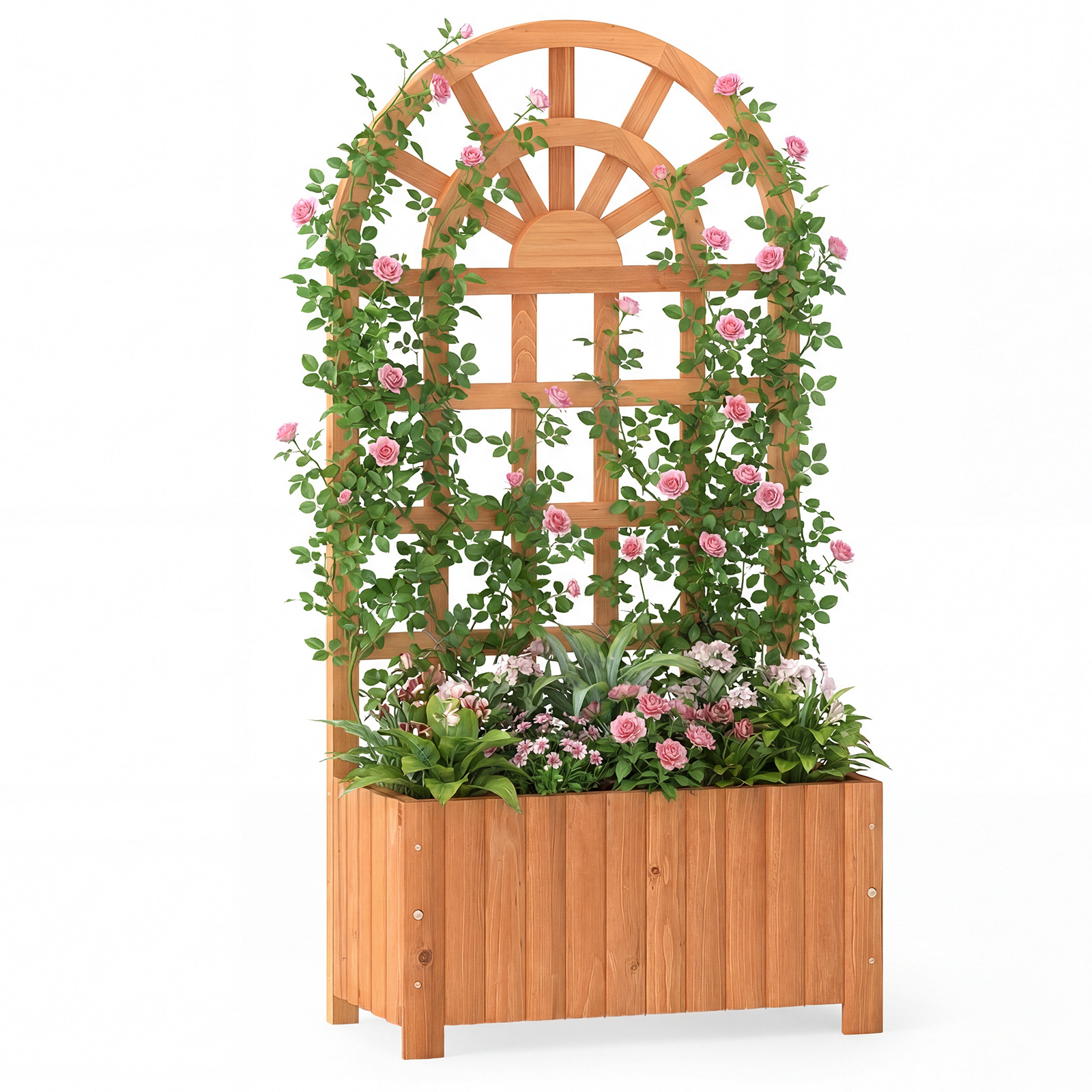 Letto-da-giardino-rialzato-in-legno-con-traliccio-per-piante-rampicanti-mediaId103797839-1774512605.jpg Costway Letto da giardino rialzato in legno con traliccio per piante rampicanti, Vaso da esterno per fiori verdure ed erbe aromatiche Marrone - immagine 1