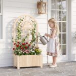 Costway Letto da giardino rialzato in legno con traliccio per piante rampicanti, Vaso da esterno per fiori verdure ed erbe aromatiche Naturale - immagine 3
