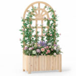 Costway Letto da giardino rialzato in legno con traliccio per piante rampicanti, Vaso da esterno per fiori verdure ed erbe aromatiche Naturale