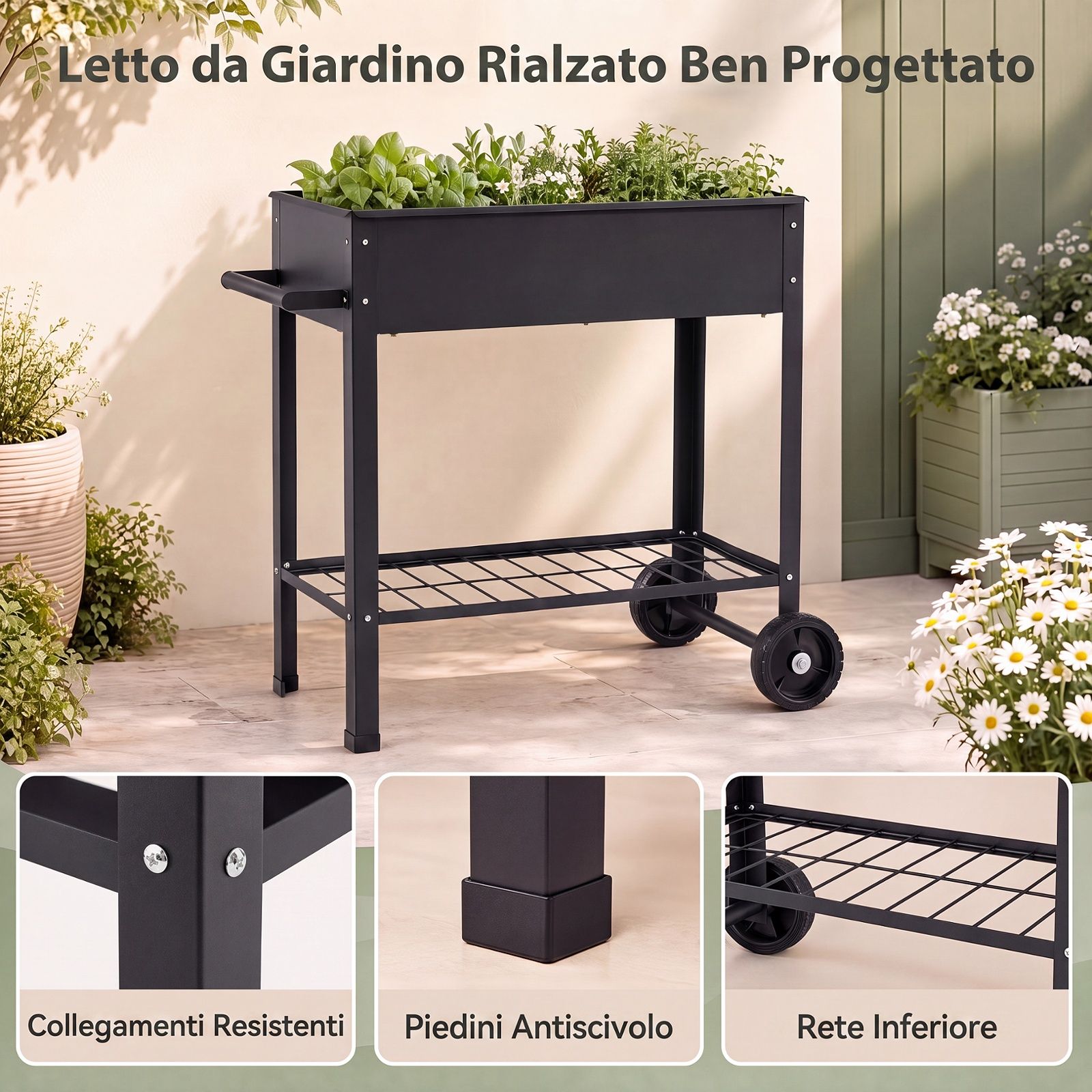 Costway Letto da giardino rialzato per coltivare ortaggi erbe e fiori per cortile e balcone, Fioriera in metallo aiuola alta da esterno Nero - immagine 7