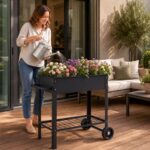 Costway Letto da giardino rialzato per coltivare ortaggi erbe e fiori per cortile e balcone, Fioriera in metallo aiuola alta da esterno Nero - immagine 3