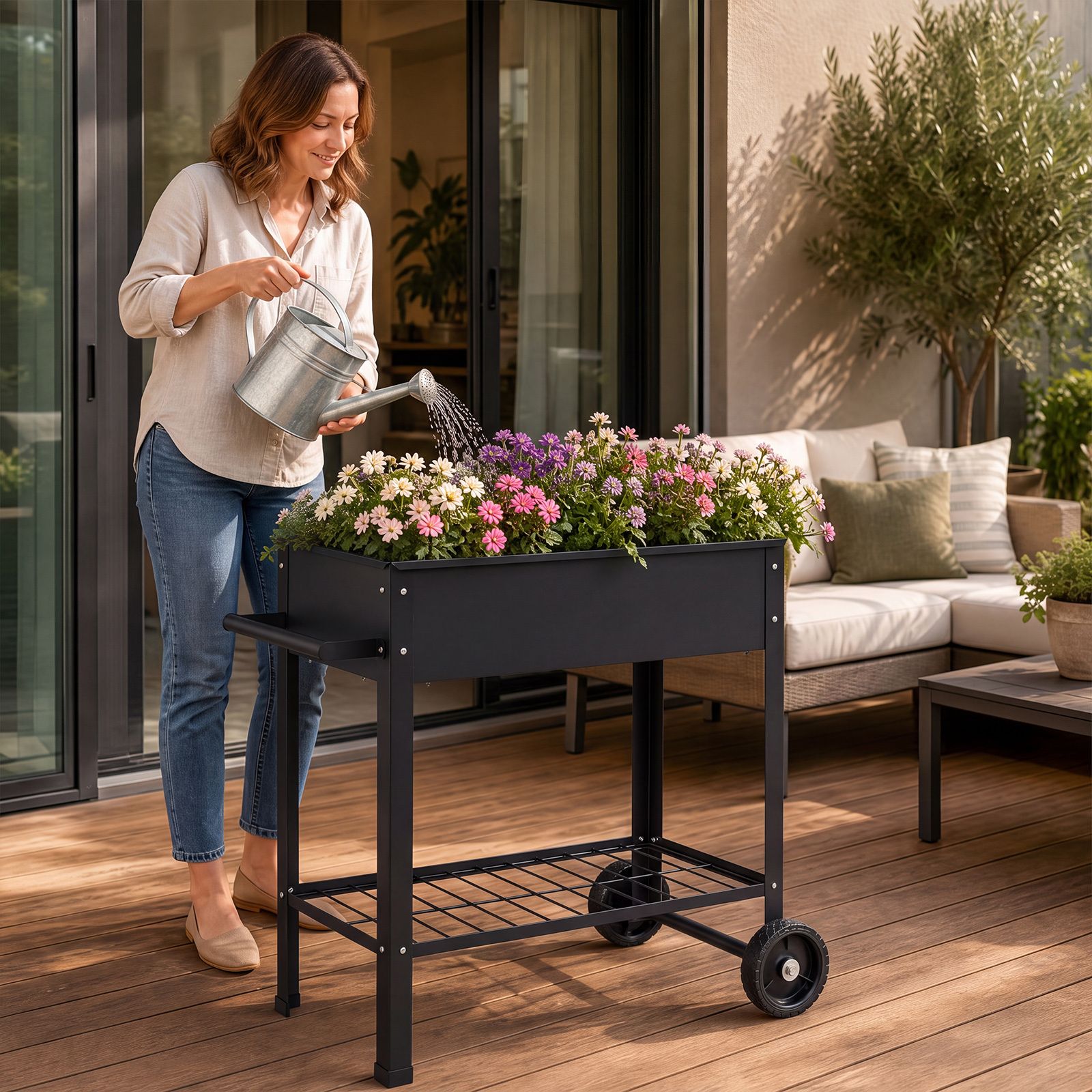 Costway Letto da giardino rialzato per coltivare ortaggi erbe e fiori per cortile e balcone, Fioriera in metallo aiuola alta da esterno Nero - immagine 3