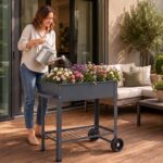 Costway Letto da giardino rialzato per coltivare ortaggi erbe e fiori per cortile e balcone, Fioriera in metallo aiuola alta da esterno Grigio - immagine 3