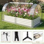 Costway Letto da giardino rialzato zincato con copertura 2 porte a rullo, Serra da esterno per coltivazione di erbe aromatiche verdure Verde - immagine 11
