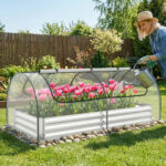 Costway Letto da giardino rialzato zincato con copertura 2 porte a rullo, Serra da esterno per coltivazione di erbe aromatiche verdure Verde - immagine 3