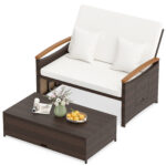 Costway Letto da giorno in rattan per patio con schienale regolabile, Set 2 pezzi con divanetto e pouf per giardino e piscina