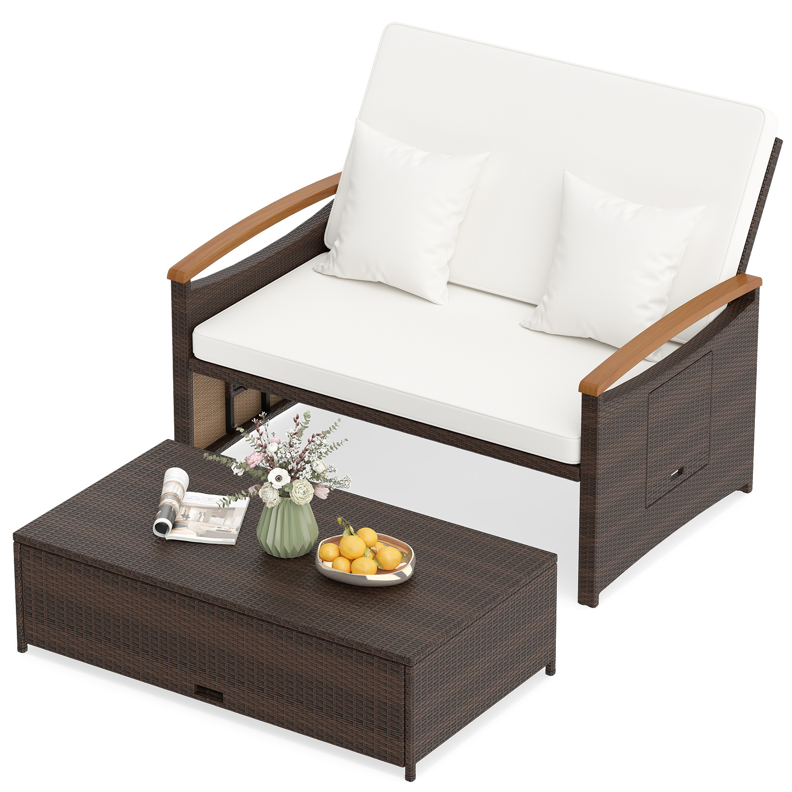 Letto-da-giorno-in-rattan-per-patio-con-schienale-regolabile-mediaId103783332-1773824538.jpg Costway Letto da giorno in rattan per patio con schienale regolabile, Set 2 pezzi con divanetto e pouf per giardino e piscina - immagine 1