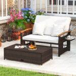 Costway Letto da giorno in rattan per patio con schienale regolabile, Set 2 pezzi con divanetto e pouf per giardino e piscina - immagine 2