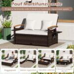 Costway Letto da giorno in rattan per patio con schienale regolabile, Set 2 pezzi con divanetto e pouf per giardino e piscina - immagine 9