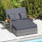 Costway Letto da giorno in rattan per patio schienale regolabile a 4 livelli, Set 2 pezzi con divanetto e pouf contenitore tavoli ribaltabili Grigio - immagine 3