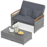 Costway Letto da giorno in rattan per patio schienale regolabile a 4 livelli, Set 2 pezzi con divanetto e pouf contenitore tavoli ribaltabili Grigio