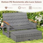 Costway Letto da giorno in rattan per patio schienale regolabile a 4 livelli, Set 2 pezzi con divanetto e pouf contenitore tavoli ribaltabili Grigio - immagine 11