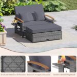 Costway Letto da giorno in rattan per patio schienale regolabile a 4 livelli, Set 2 pezzi con divanetto e pouf contenitore tavoli ribaltabili Grigio - immagine 7