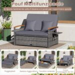 Costway Letto da giorno in rattan per patio schienale regolabile a 4 livelli, Set 2 pezzi con divanetto e pouf contenitore tavoli ribaltabili Grigio - immagine 8