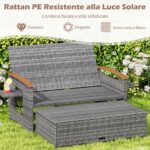 Costway Letto da giorno in rattan per patio schienale regolabile a 4 livelli, Set 2 pezzi con divanetto e pouf contenitore tavoli ribaltabili Nero - immagine 12