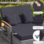 Costway Letto da giorno in rattan per patio schienale regolabile a 4 livelli, Set 2 pezzi con divanetto e pouf contenitore tavoli ribaltabili Nero - immagine 10