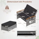 Costway Letto da giorno in rattan per patio schienale regolabile a 4 livelli, Set 2 pezzi con divanetto e pouf contenitore tavoli ribaltabili Nero - immagine 7
