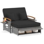 Costway Letto da giorno in rattan per patio schienale regolabile a 4 livelli, Set 2 pezzi con divanetto e pouf contenitore tavoli ribaltabili Nero - immagine 5