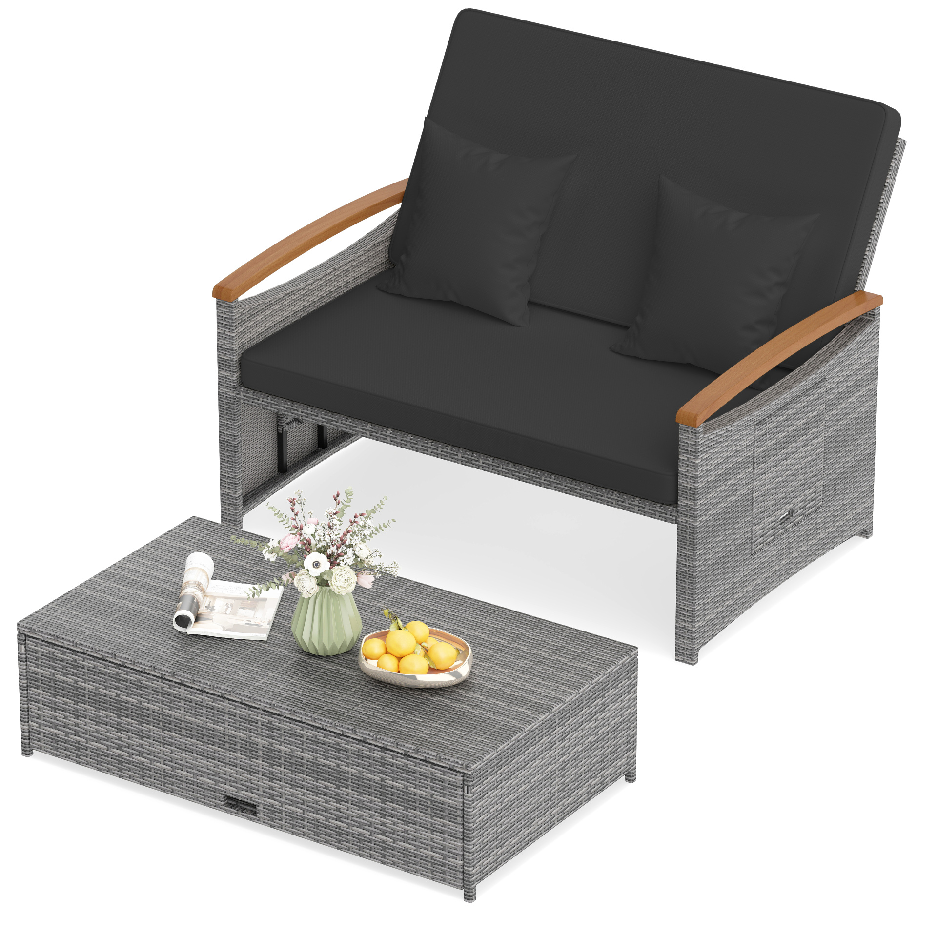 Letto-da-giorno-in-rattan-per-patio-schienale-regolabile-a-4-livelli-mediaId104447981-1783577603.jpg Costway Letto da giorno in rattan per patio schienale regolabile a 4 livelli, Set 2 pezzi con divanetto e pouf contenitore tavoli ribaltabili Nero - immagine 1