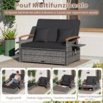Costway Letto da giorno in rattan per patio schienale regolabile a 4 livelli, Set 2 pezzi con divanetto e pouf contenitore tavoli ribaltabili Nero - immagine 9