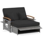Costway Letto da giorno in rattan per patio schienale regolabile a 4 livelli, Set 2 pezzi con divanetto e pouf contenitore tavoli ribaltabili Nero - immagine 6