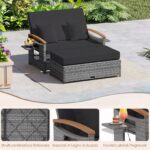 Costway Letto da giorno in rattan per patio schienale regolabile a 4 livelli, Set 2 pezzi con divanetto e pouf contenitore tavoli ribaltabili Nero - immagine 8