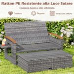 Costway Letto da giorno in rattan per patio schienale regolabile a 4 livelli, Set 2 pezzi con divanetto e pouf contenitore tavoli ribaltabili Beige - immagine 11