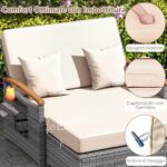 Costway Letto da giorno in rattan per patio schienale regolabile a 4 livelli, Set 2 pezzi con divanetto e pouf contenitore tavoli ribaltabili Beige - immagine 9