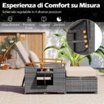 Costway Letto da giorno in rattan per patio schienale regolabile a 4 livelli, Set 2 pezzi con divanetto e pouf contenitore tavoli ribaltabili Beige - immagine 10