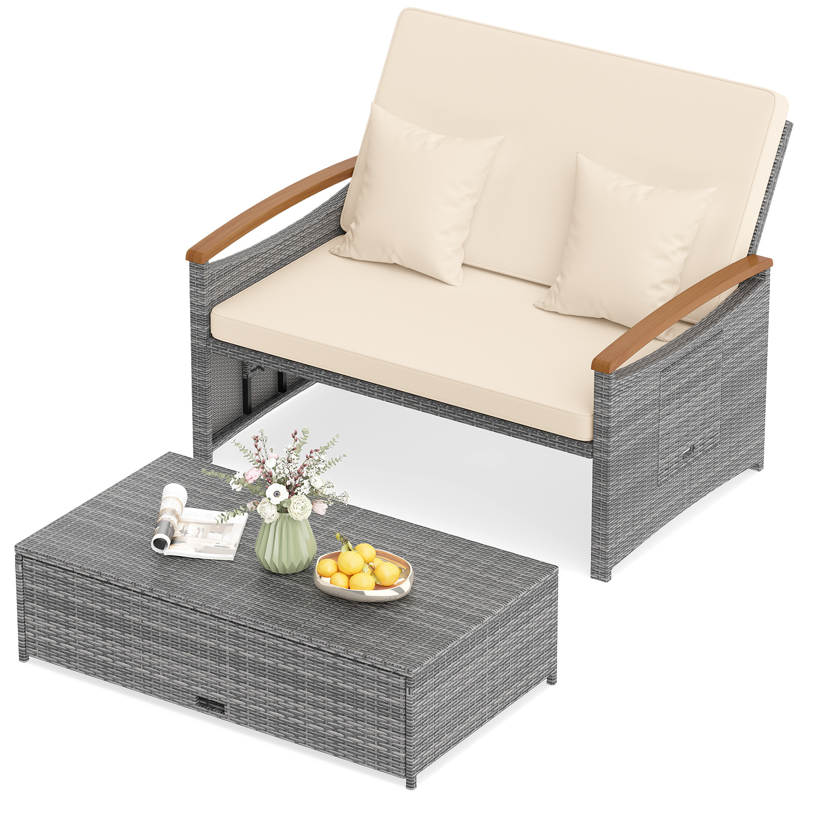 Letto-da-giorno-in-rattan-per-patio-schienale-regolabile-a-4-livelli-mediaId104448004-1781577604.jpg Costway Letto da giorno in rattan per patio schienale regolabile a 4 livelli, Set 2 pezzi con divanetto e pouf contenitore tavoli ribaltabili Beige - immagine 1
