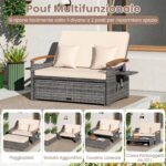 Costway Letto da giorno in rattan per patio schienale regolabile a 4 livelli, Set 2 pezzi con divanetto e pouf contenitore tavoli ribaltabili Beige - immagine 8