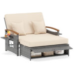 Costway Letto da giorno in rattan per patio schienale regolabile a 4 livelli, Set 2 pezzi con divanetto e pouf contenitore tavoli ribaltabili Beige - immagine 4