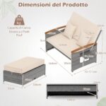 Costway Letto da giorno in rattan per patio schienale regolabile a 4 livelli, Set 2 pezzi con divanetto e pouf contenitore tavoli ribaltabili Beige - immagine 6