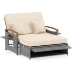 Costway Letto da giorno in rattan per patio schienale regolabile a 4 livelli, Set 2 pezzi con divanetto e pouf contenitore tavoli ribaltabili Beige - immagine 5