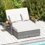 Costway Letto da giorno in rattan per patio schienale regolabile a 4 livelli, Set 2 pezzi con divanetto e pouf contenitore tavoli ribaltabili Bianco - immagine 3