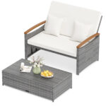 Costway Letto da giorno in rattan per patio schienale regolabile a 4 livelli, Set 2 pezzi con divanetto e pouf contenitore tavoli ribaltabili Bianco